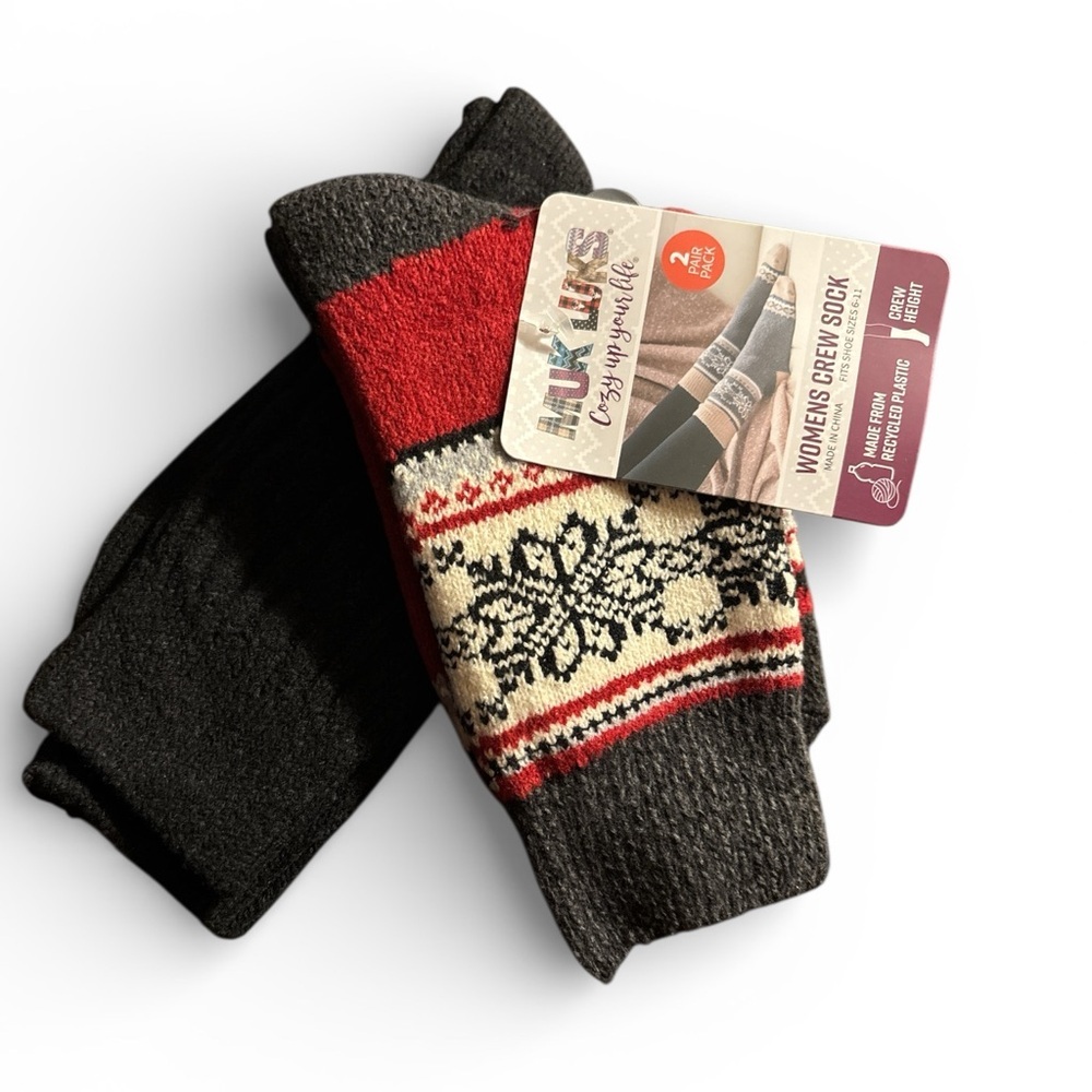 Muk Luks Black and Red Snowflake Crew Socks (2 pair)